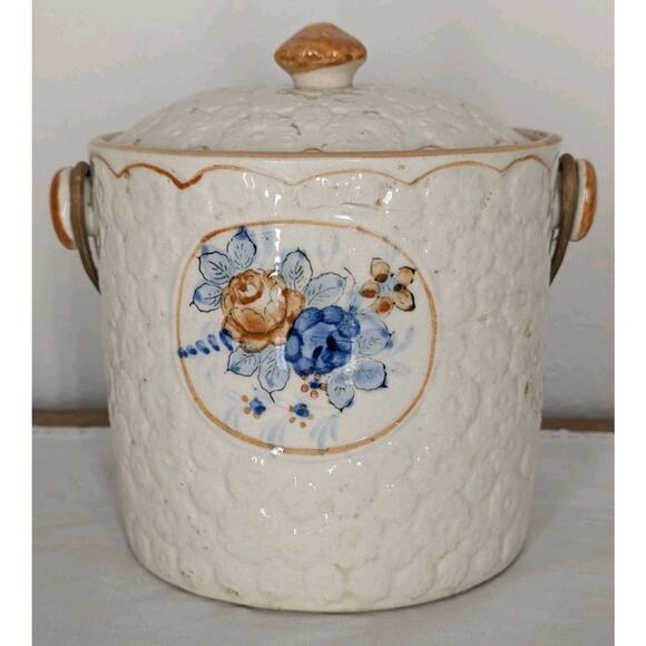 Vintage Japanese Painted Floral Embossed Biscuit Jar Ceramic Wicker Handle - Picture 2 of 12